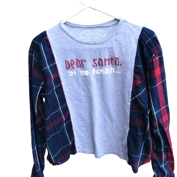 Reworked Flannel Tee Christmas, Size S-M: Upcycled Holiday Graphics Plaid Shirt - Picture 9 of 9